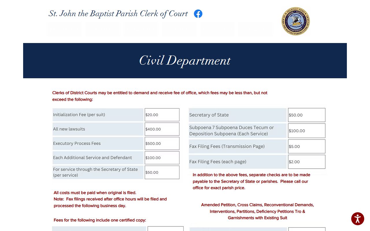 St. John the Baptist Parish Clerk of Court civil records page