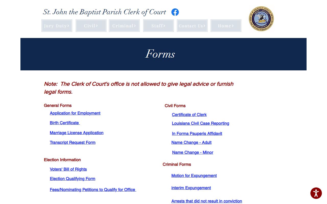 St. John the Baptist Parish Clerk of Court records forms list