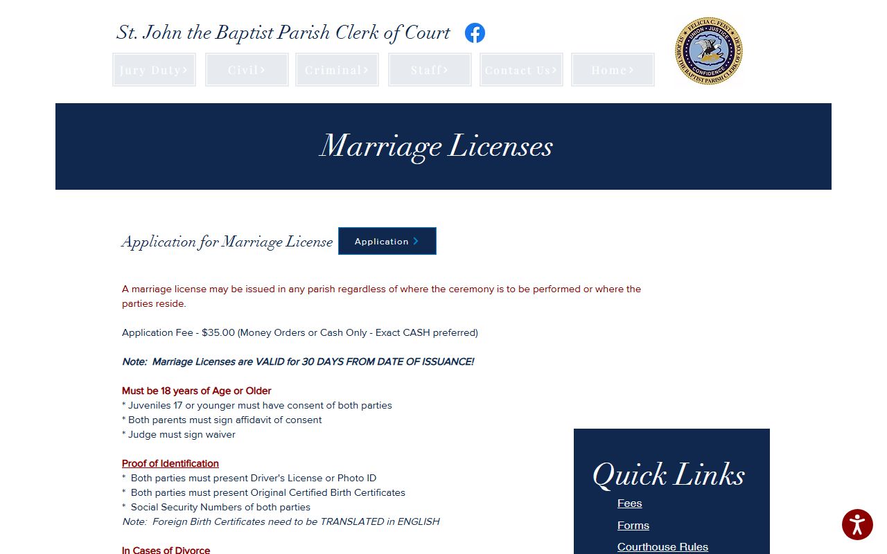 St. John the Baptist Parish Clerk of Court marriage license records