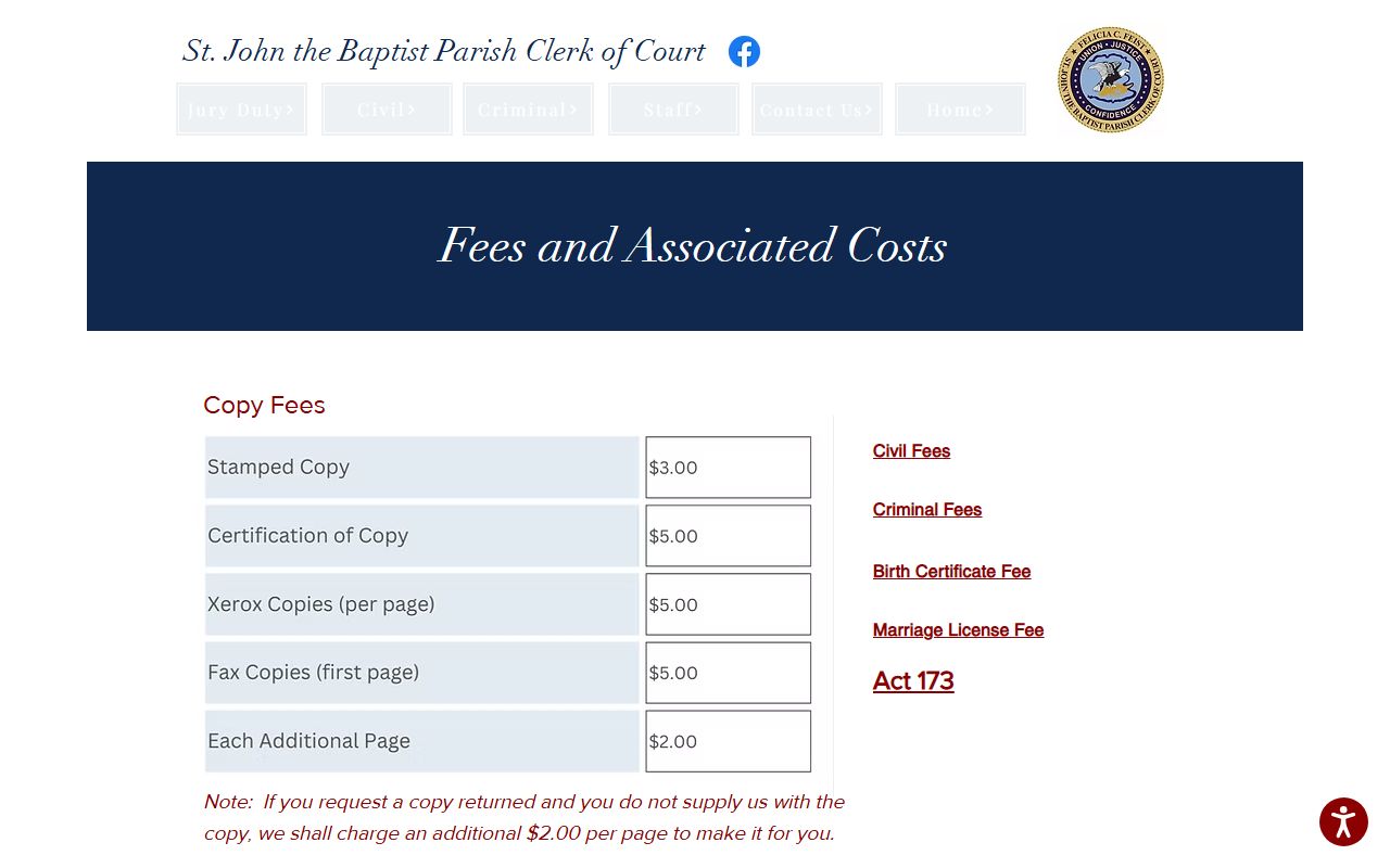 St. John the Baptist Parish Clerk of Court fee records page