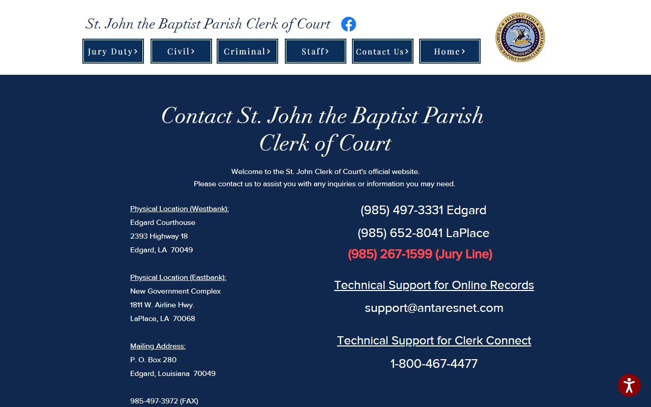 St. John the Baptist Parish Clerk of Court records contact page