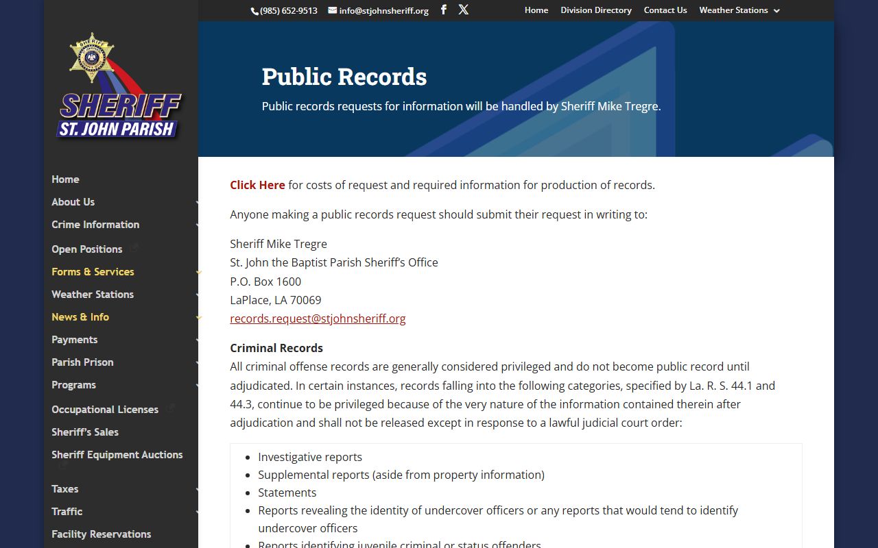 St. John the Baptist Parish arrest records sheriff public records request