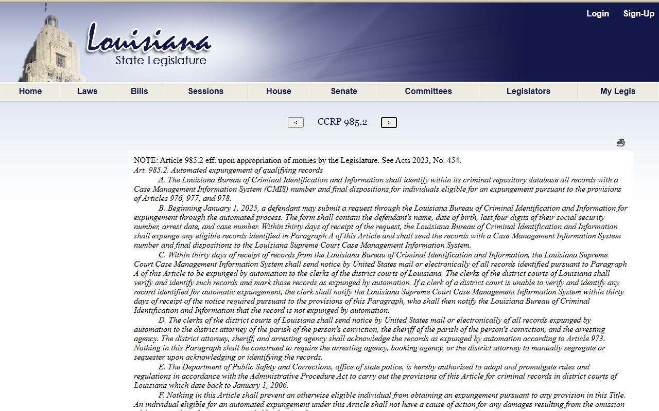 St. John the Baptist Parish criminal court records Louisiana automated expungement article 985.2