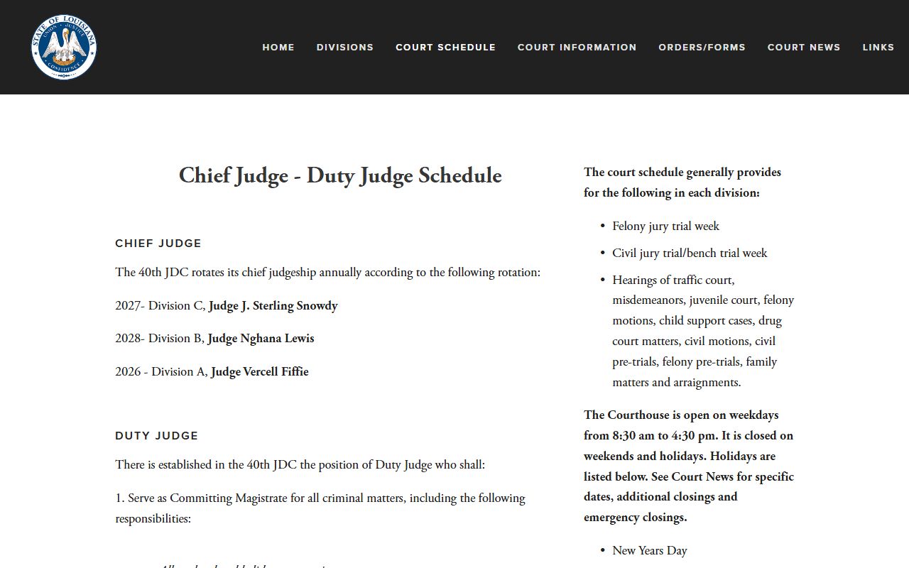 St. John the Baptist Parish District Court schedule records