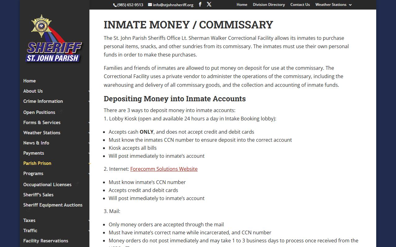 St. John the Baptist Parish inmate records sheriff commissary information
