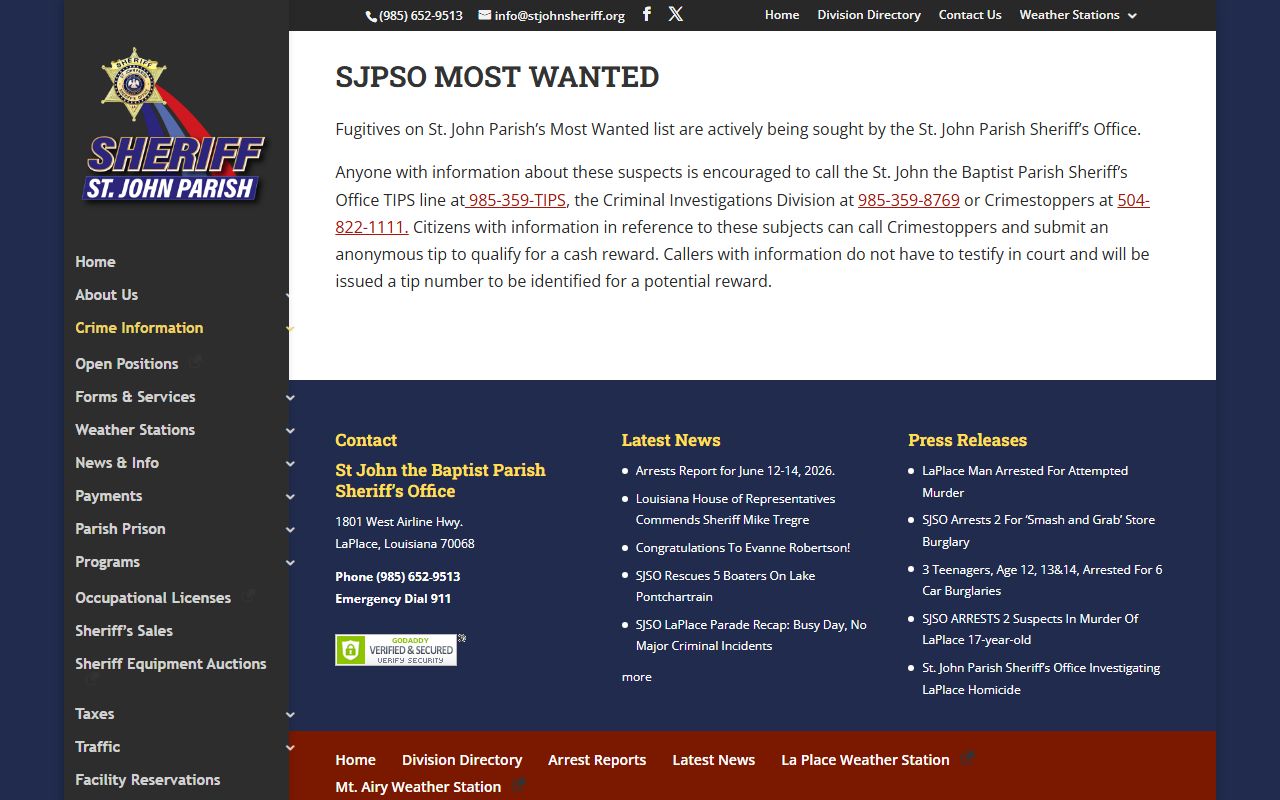 St. John the Baptist Parish warrant records sheriff most wanted